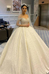 Long Ball Gown Sweetheart Off-the-Shoulder Backless Pearl Beading Ruffles Tulle Wedding Dress-showprettydress