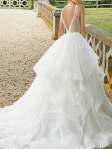 Long Ball Gown V Neck Sweep Brush Train Organza Backless Wedding Dresses-showprettydress