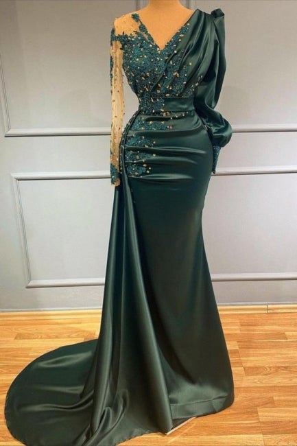 Long Dark Green Elegant Mermaid Prom Dress with Sleeves-showprettydress