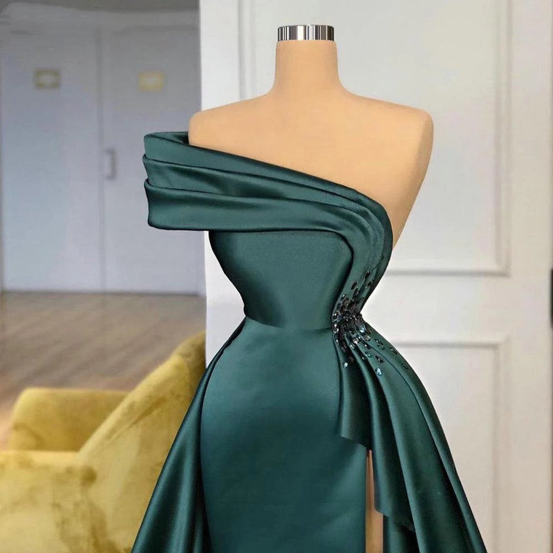 Long Dark Green Satin Prom Dresses Elegant Split Evening Gowns-showprettydress