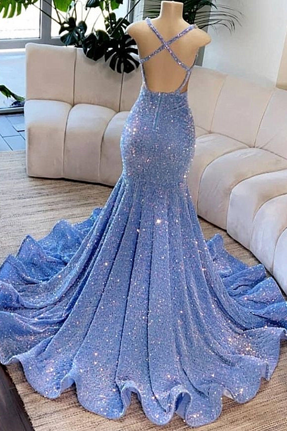 Long Deep V-Neck Mermaid Sequins Backless Prom Dress-showprettydress