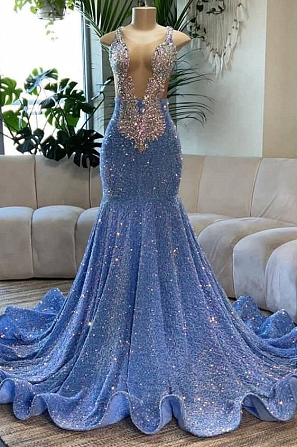 Long Deep V-Neck Mermaid Sequins Backless Prom Dress-showprettydress