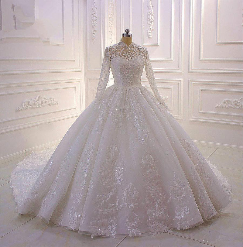 Long High neck Appliques Lace Ball Gown Wedding Dress with Sleeves-showprettydress