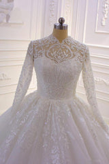 Long High neck Appliques Lace Ball Gown Wedding Dress with Sleeves-showprettydress