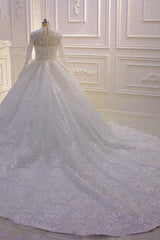 Long High neck Appliques Lace Ball Gown Wedding Dress with Sleeves-showprettydress