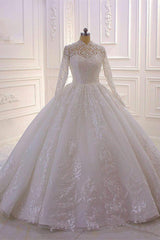 Long High neck Appliques Lace Ball Gown Wedding Dress with Sleeves-showprettydress