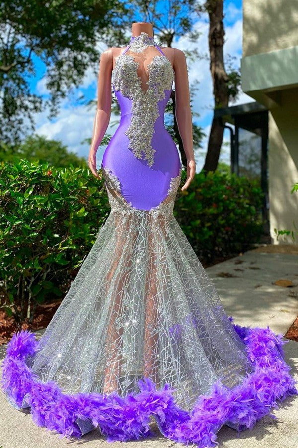 Long Mermaid High Neck Sleeveless Open Back Appliques Lace Beaded Prom Dress With Feather-showprettydress