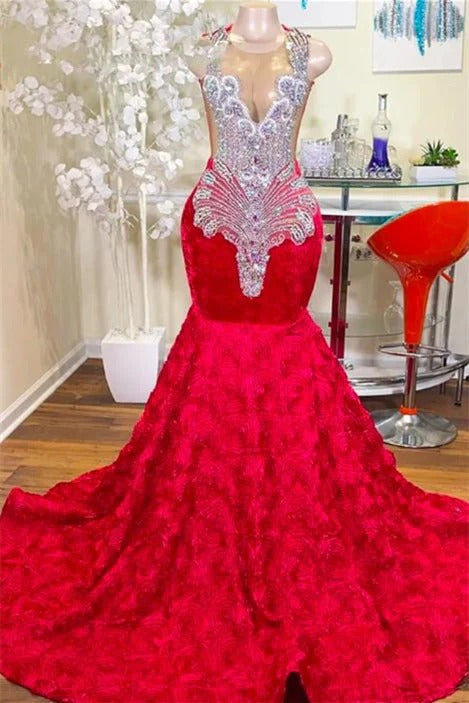 Long Mermaid Jewel Lace Sequined Applique Sleeveless Prom Dress-showprettydress