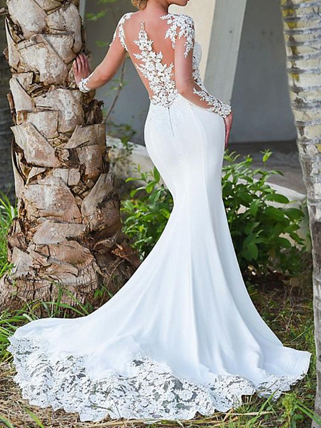 Long Mermaid Jewel Neck Backless Wedding Dresses with Sleeves-showprettydress