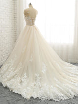 Long Mermaid Jewel Neck Chapel Train Tulle Lace Wedding Dresses-showprettydress