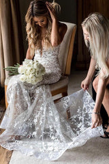 Long Mermaid Lace V-neck Spaghetti Straps Jewel Wedding Dress-showprettydress