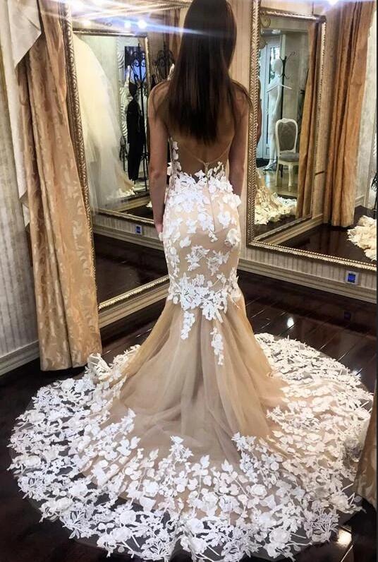 Long Mermaid Off-the-Shoulder Appliques Lace Backless Wedding Dress-showprettydress