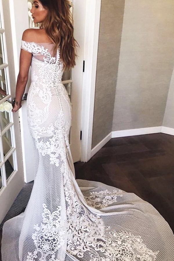 Long Mermaid Off The Shoulder Appliques Sweep Train Wedding Dress-showprettydress