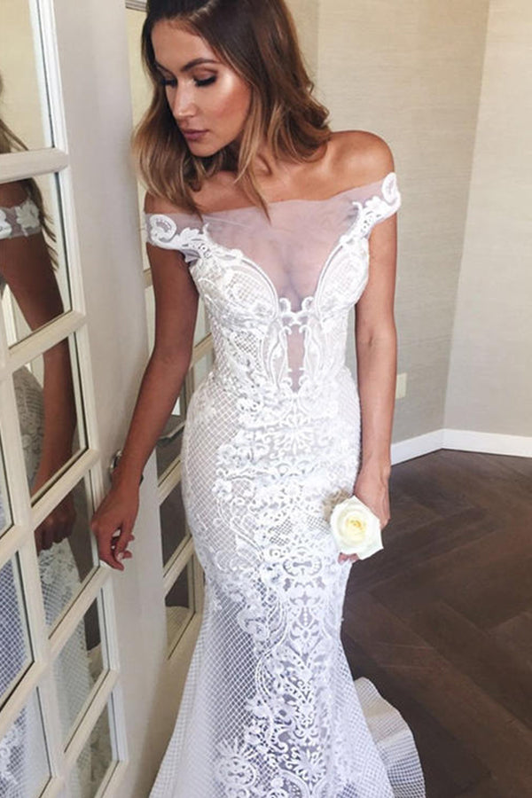 Long Mermaid Off The Shoulder Appliques Sweep Train Wedding Dress-showprettydress