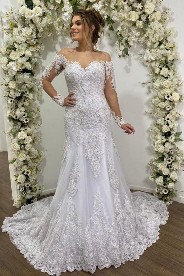 Long Mermaid Off-the-shoulder Tulle Lace Backless Wedding Dress with sleeve-showprettydress