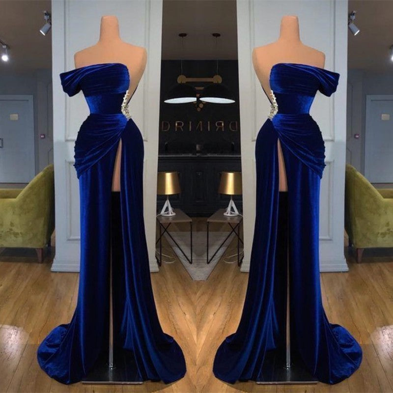 Long Mermaid Off-the-Shoulder Velvet Prom Dress With Split-showprettydress