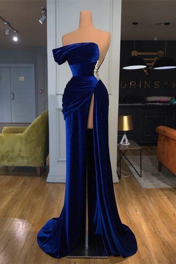 Long Mermaid Off-the-Shoulder Velvet Prom Dress With Split-showprettydress