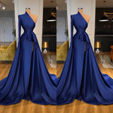 Long Mermaid One shoulder Ruffles Side-cut Overskirt Prom Dress with Sleeves-showprettydress