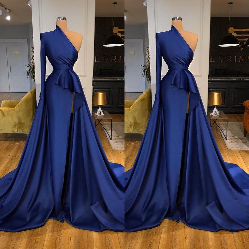 Long Mermaid One shoulder Ruffles Side-cut Overskirt Prom Dress with Sleeves-showprettydress