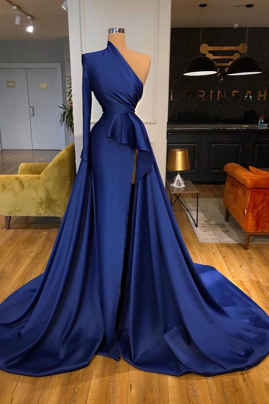 Long Mermaid One shoulder Ruffles Side-cut Overskirt Prom Dress with Sleeves-showprettydress