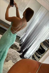 Long Mermaid Spaghetti Strap Appliques Lace Open Back Prom Dress-showprettydress