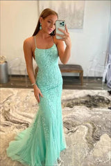 Long Mermaid Spaghetti Strap Appliques Lace Open Back Prom Dress-showprettydress