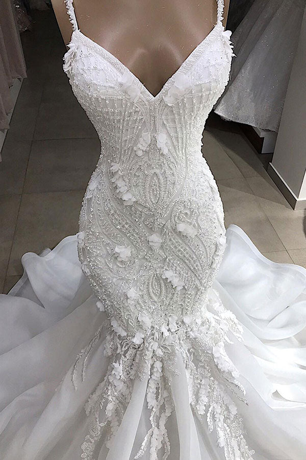 Long Mermaid Spaghetti Strap Appliques Lace Wedding Dress-showprettydress