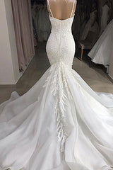 Long Mermaid Spaghetti Strap Appliques Lace Wedding Dress-showprettydress