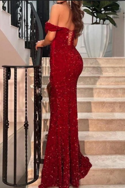 Long Mermaid Sparkly Off-the-shoulder Prom Dresses With Slit-showprettydress