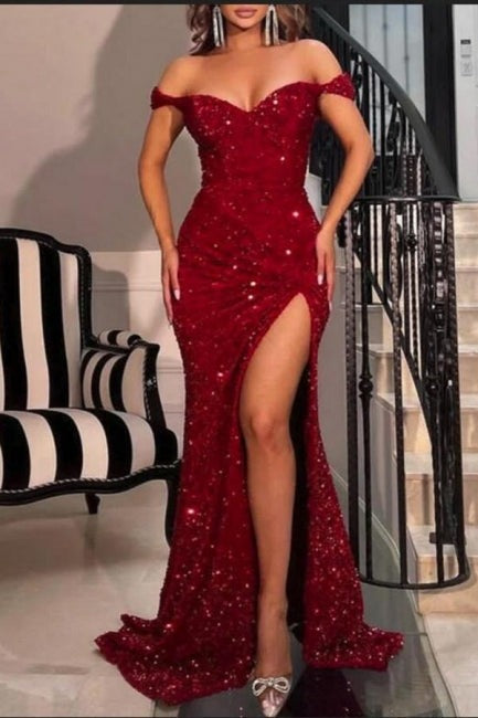 Long Mermaid Sparkly Off-the-shoulder Prom Dresses With Slit-showprettydress