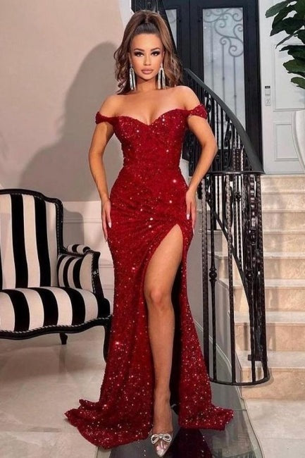 Long Mermaid Sparkly Off-the-shoulder Prom Dresses With Slit-showprettydress