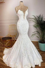 Long Mermaid Strapless Appliques Lace Satin Wedding Dress-showprettydress