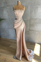 Long Mermaid Straps Beadings Prom Dress with Slit-showprettydress