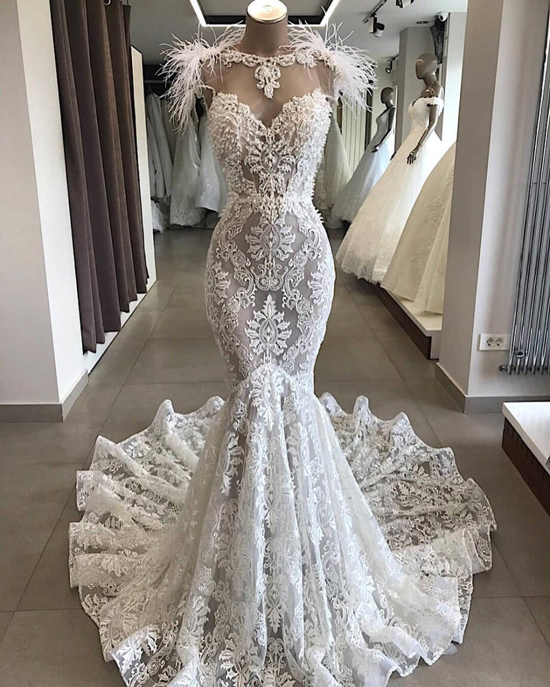 Long Mermaid Sweetheart Beading Appliques Lace Wedding Dress-showprettydress