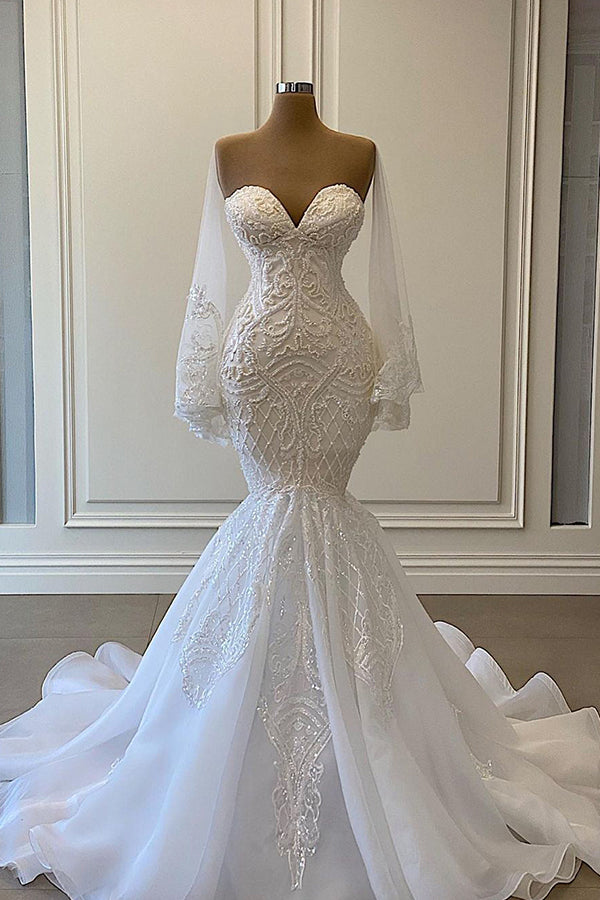 Long Mermaid Sweetheart Strapless Pearls Beadings Lace Wedding Dress with Sleeves-showprettydress