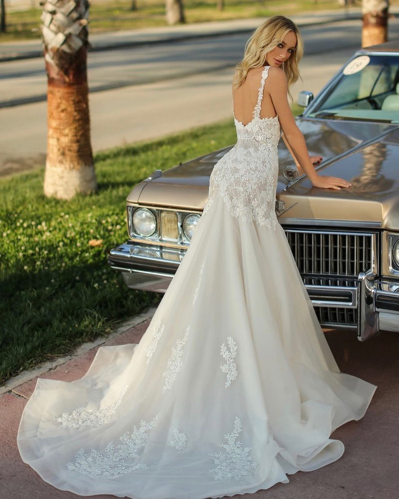 Long Mermaid Sweetheart Tulle Lace Backless Wedding Dress-showprettydress