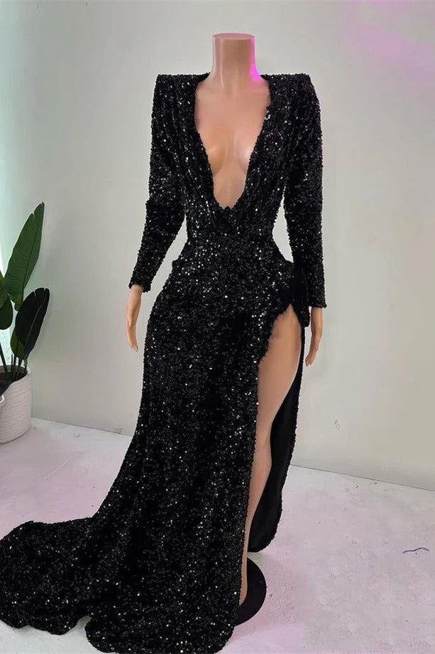 Long Mermaid V-neck High Split Sequined Prom Dresses with Sleeves ...