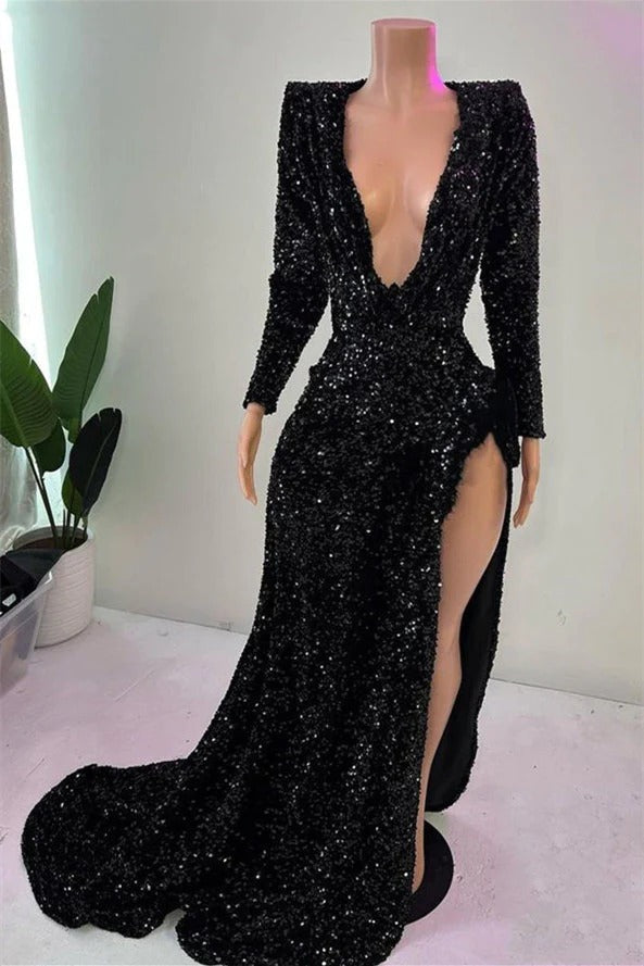 Long Mermaid V-neck High Split Sequined Prom Dresses with Sleeves-showprettydress