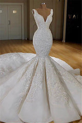 Long Mermaid V-neck Lace Wedding Dress-showprettydress