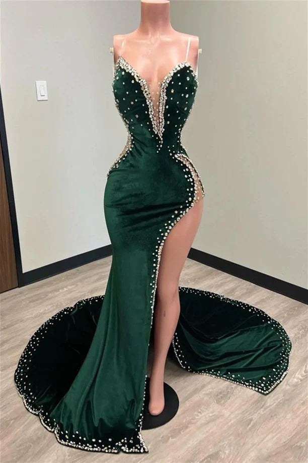 Long Mermaid V-neck Spaghetti Strap Beaded Velvet Prom Dress with Slit-showprettydress