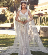 Long Mermaid V-neck Tulle Lace Wedding Dress with Detachable Train-showprettydress