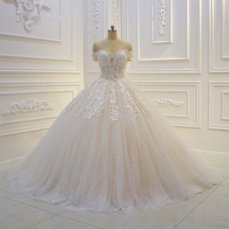 Long Off the Shoulder Sweetheart Ball Gown Sequin Appliques Lace Wedding Dress-showprettydress