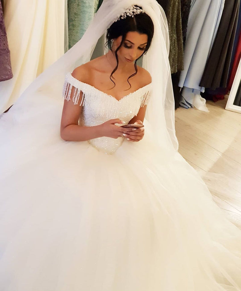 Long Princess Off-the-shoulder Beading Backless Tulle Wedding Dress With Tassel-showprettydress