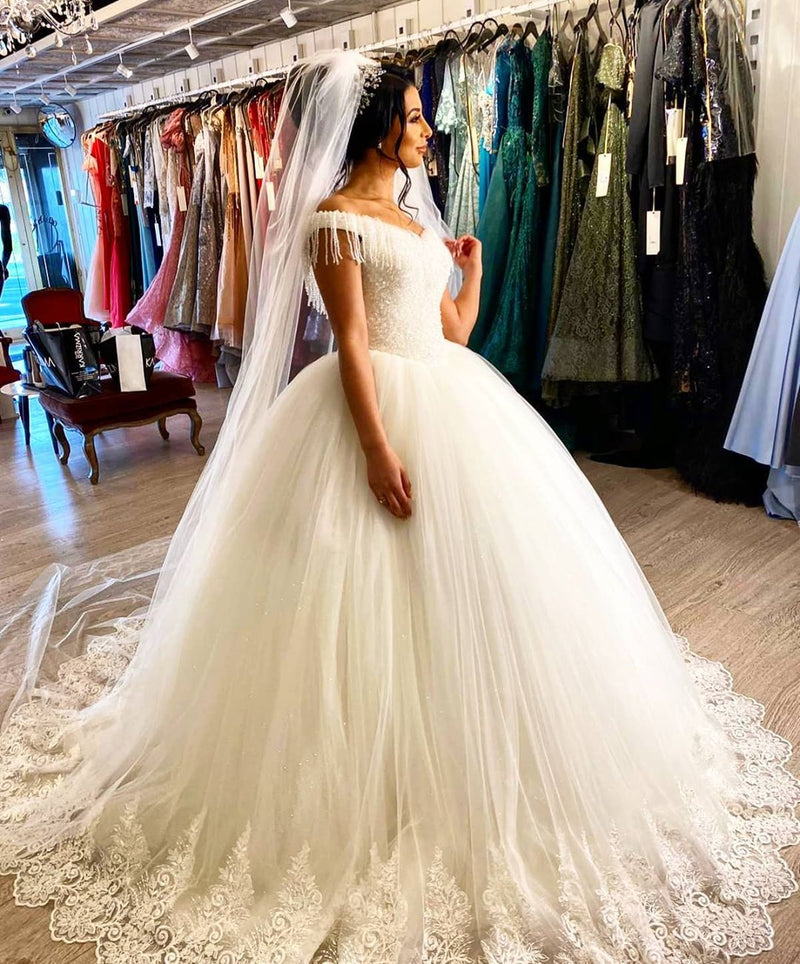 Long Princess Off-the-shoulder Beading Backless Tulle Wedding Dress With Tassel-showprettydress