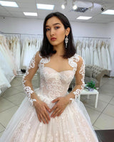 Long Princess Sweetheart Appliques Lace Backless Tulle Wedding Dress with Sleeves-showprettydress