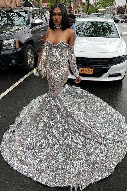 Long Sexy Sweetheart Silvery Mermaid Prom Dress Sequins Long Sleeves-showprettydress