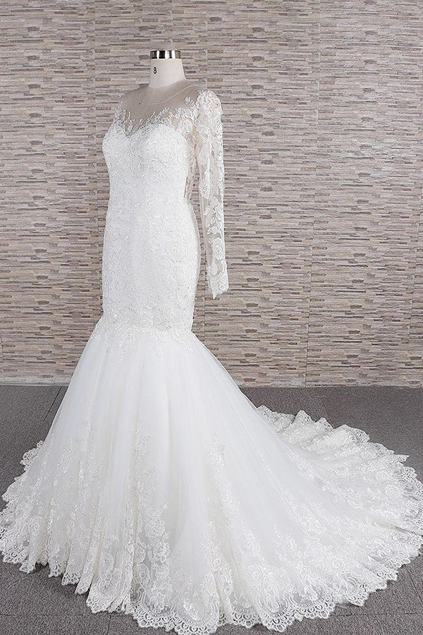 Long Sleeve Mermaid Sweetheart Appliques Lace Backless Wedding Dress-showprettydress