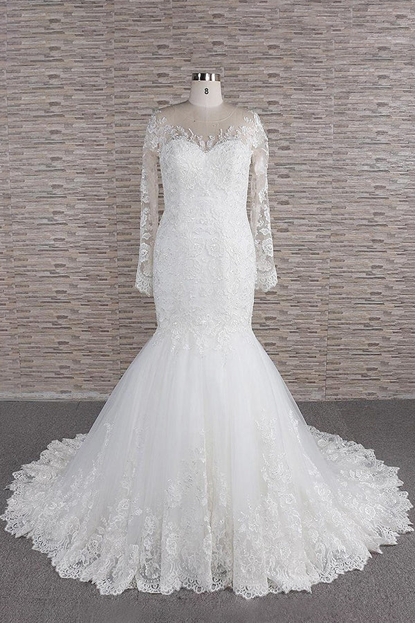 Long Sleeve Mermaid Sweetheart Appliques Lace Backless Wedding Dress-showprettydress