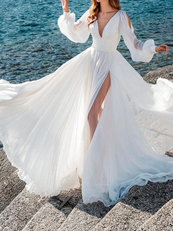 Long Sleeves A-Line V Neck Sweep Brush Train Chiffon Wedding Dresses with Slit-showprettydress