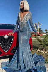 Long Sleeves Deep V-Neck Mermaid Prom Dress Sequins Royal Blue Red Long-showprettydress